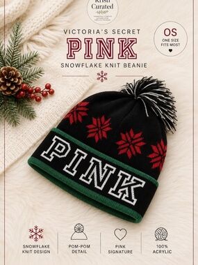 Victoria’s Secret PINK Snowflake Pom-Pom Beanie Black Red Green OS